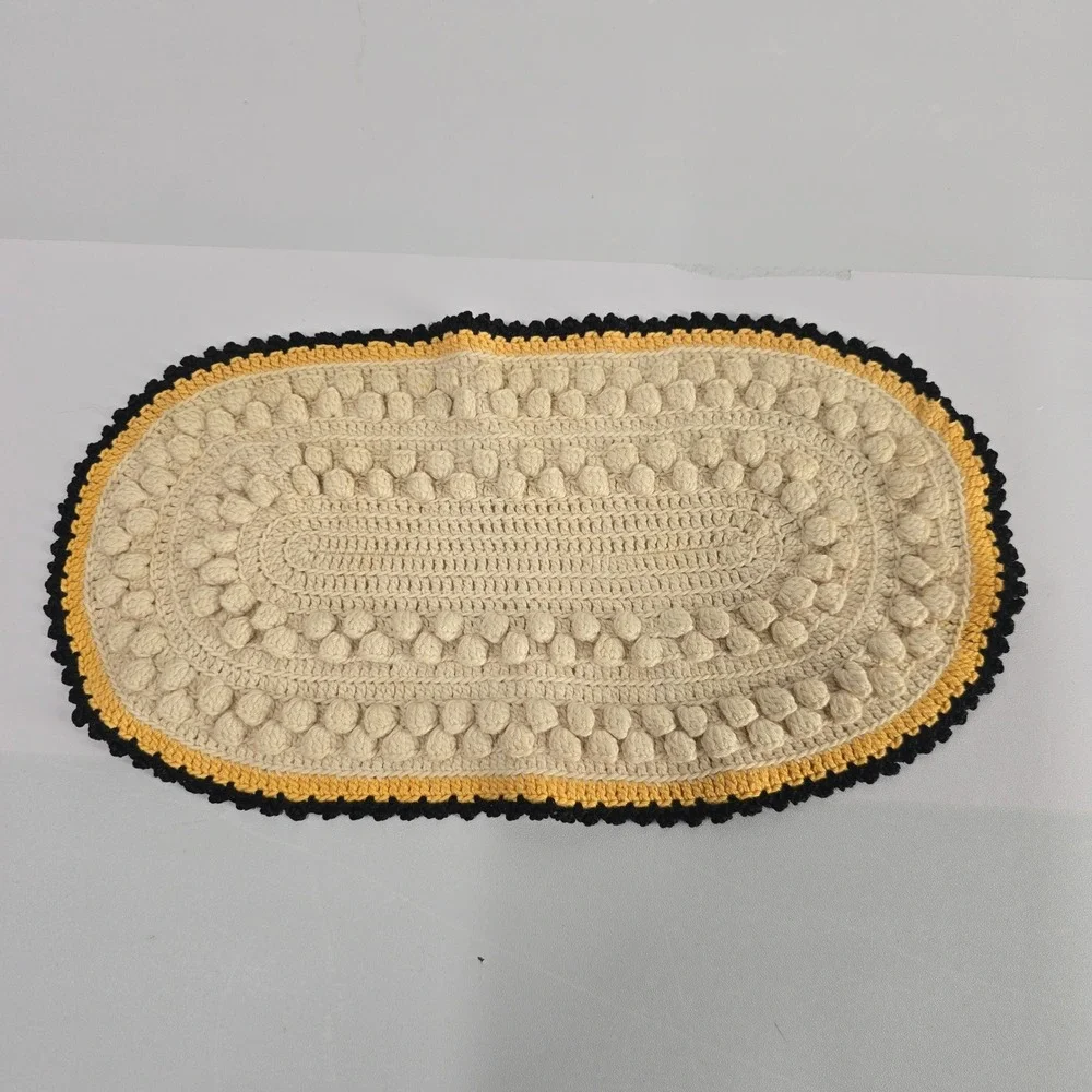 Vintage Small Oval Crochet‎ Rug Cream Yellow Black Bobble Textured Accent Mat